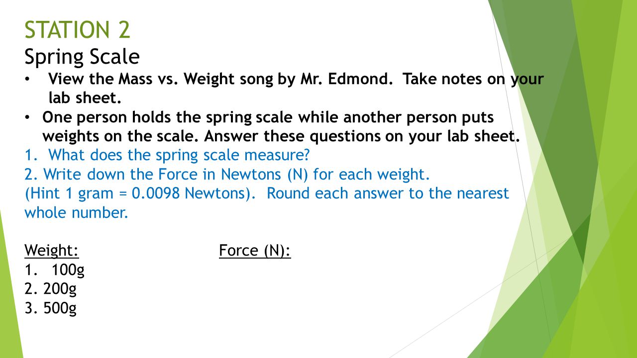STATION 2 Spring Scale. View the Mass vs. Weight song by Mr. Edmond. Take notes on your lab sheet.