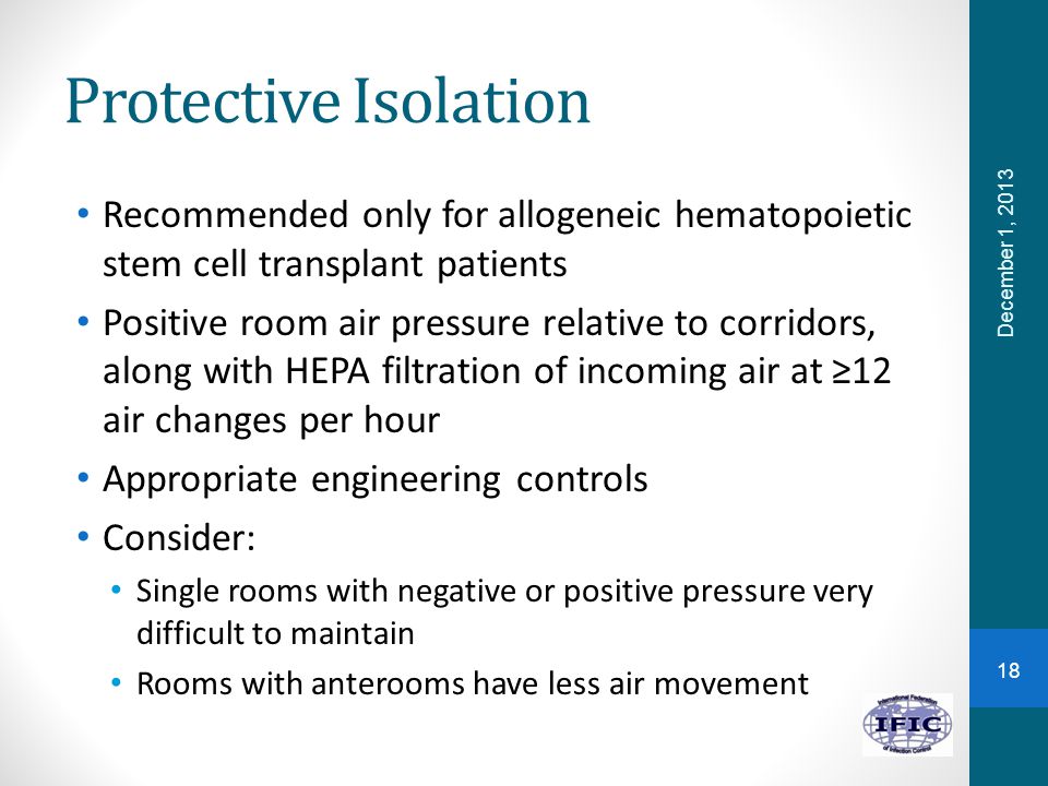 Protective Isolation Recommended only for allogeneic hematopoietic stem cell transplant patients.