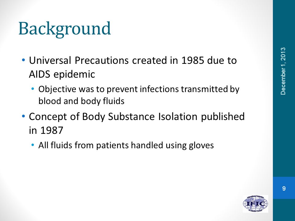 Background Universal Precautions created in 1985 due to AIDS epidemic
