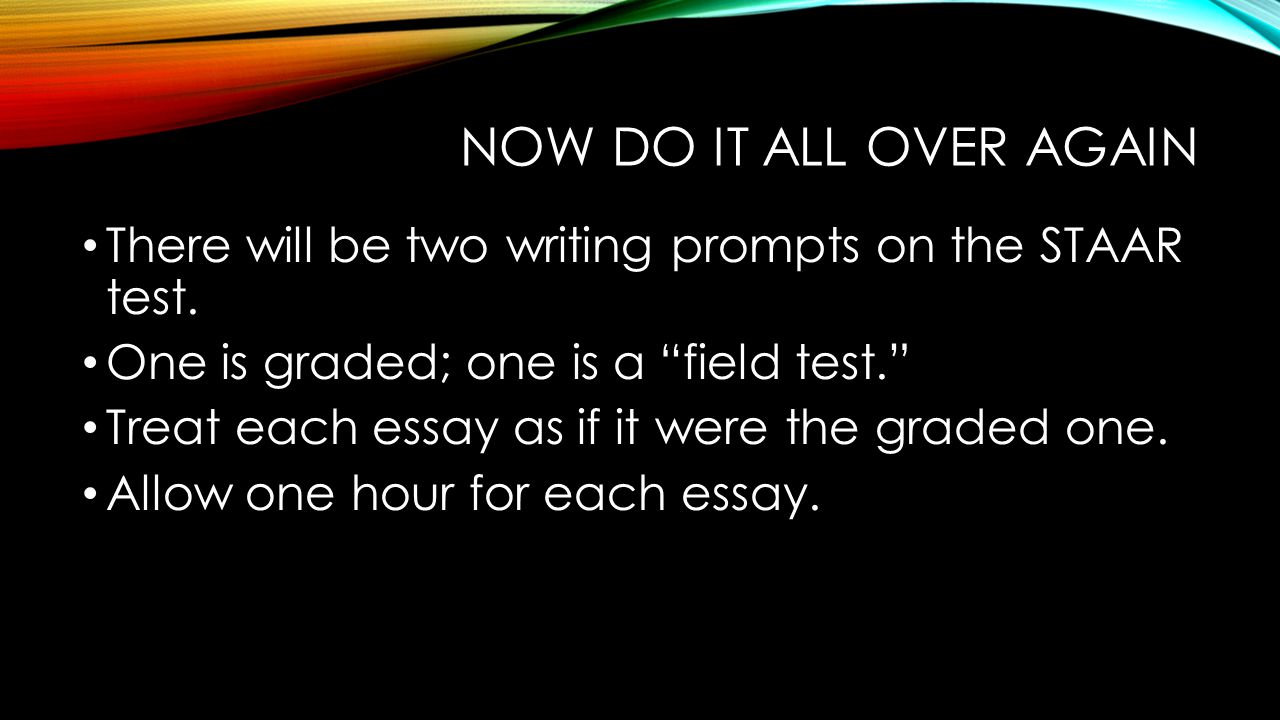 Now do it all over again There will be two writing prompts on the STAAR test. One is graded; one is a field test.