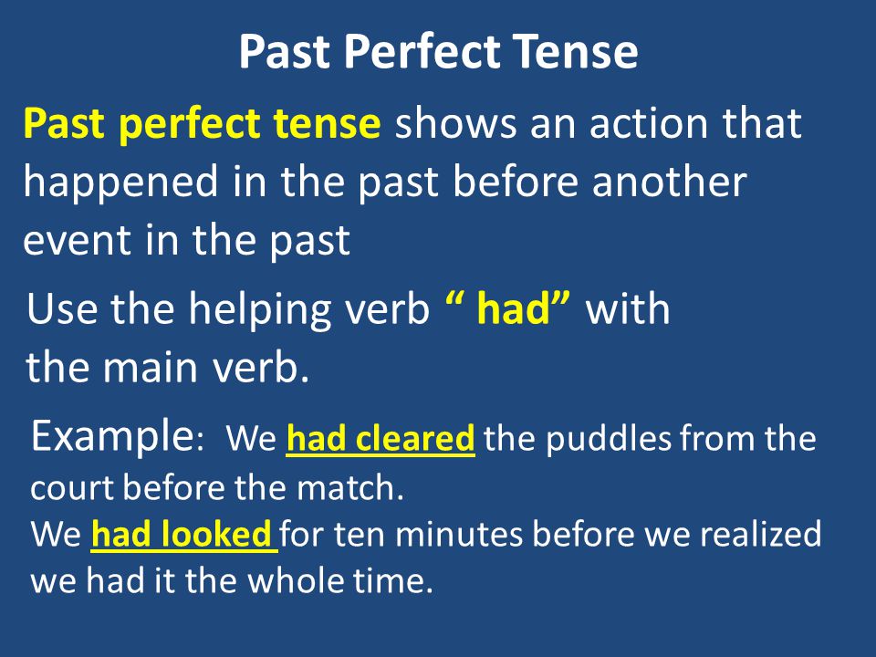 Past Perfect Tense Past perfect tense shows an action that