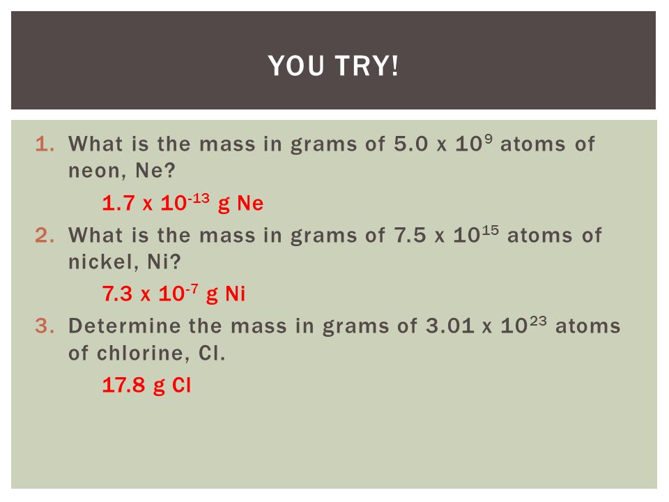 You Try! What is the mass in grams of 5.0 x 109 atoms of neon, Ne