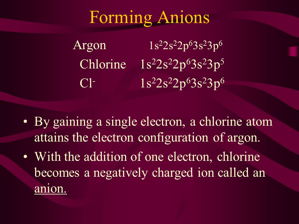 Forming Anions Chlorine 1s22s22p63s23p5 Cl- 1s22s22p63s23p6