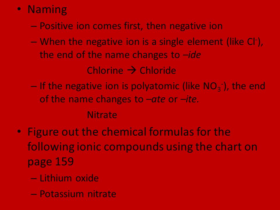 Naming Positive ion comes first, then negative ion. When the negative ion is a single element (like Cl-), the end of the name changes to –ide.