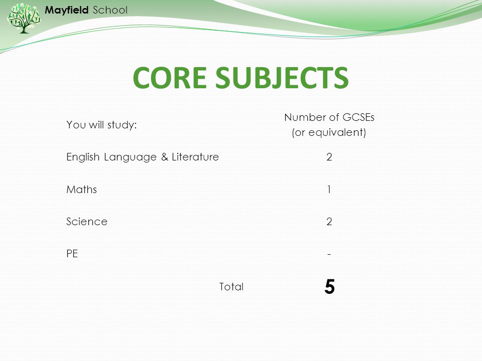 CORE SUBJECTS 5 You will study: Number of GCSEs (or equivalent)