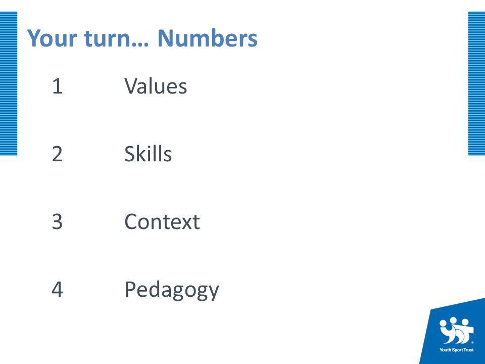 Your turn… Numbers 1 Values 2 Skills 3 Context 4 Pedagogy