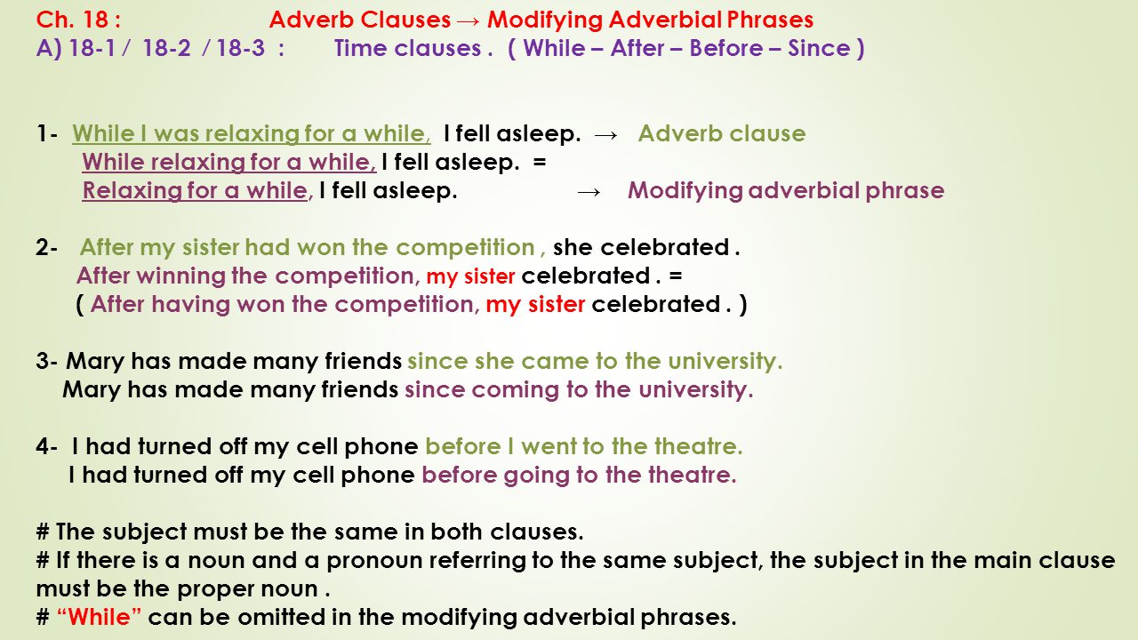 Ch. 18 : Adverb Clauses → Modifying Adverbial Phrases