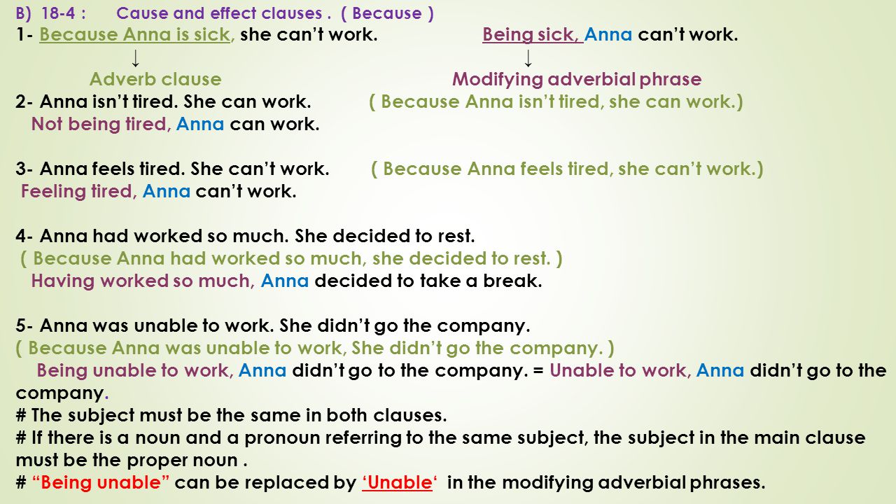 1- Because Anna is sick, she can’t work. Being sick, Anna can’t work.