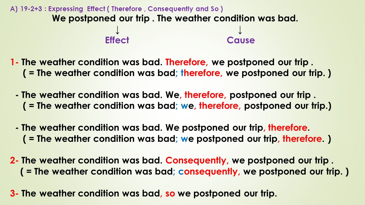 1- The weather condition was bad. Therefore, we postponed our trip .