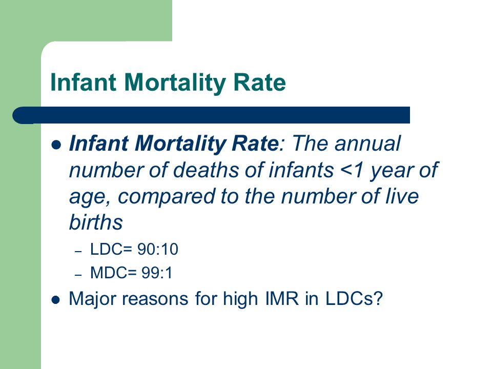 Infant Mortality Rate Infant Mortality Rate: The annual number of deaths of infants <1 year of age, compared to the number of live births.
