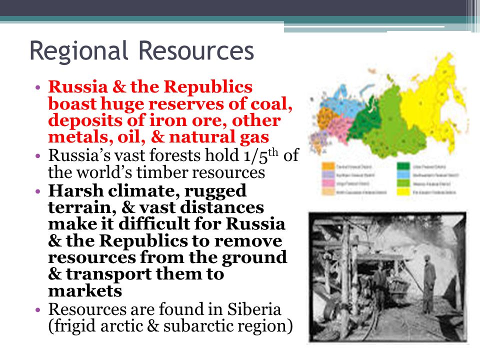 Regional Resources Russia & the Republics boast huge reserves of coal, deposits of iron ore, other metals, oil, & natural gas.