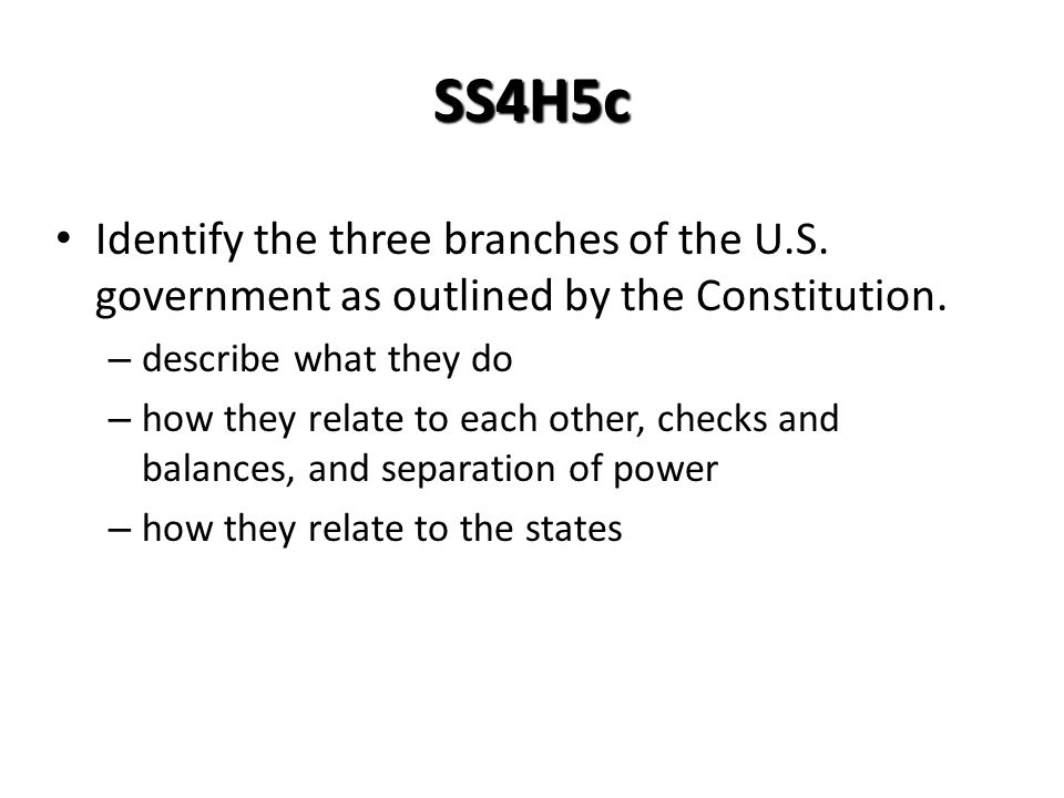 SS4H5c Identify the three branches of the U.S. government as outlined by the Constitution. describe what they do.
