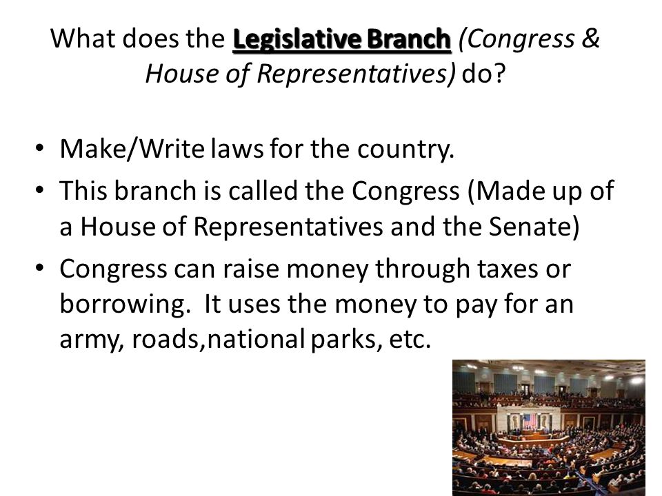What does the Legislative Branch (Congress & House of Representatives) do