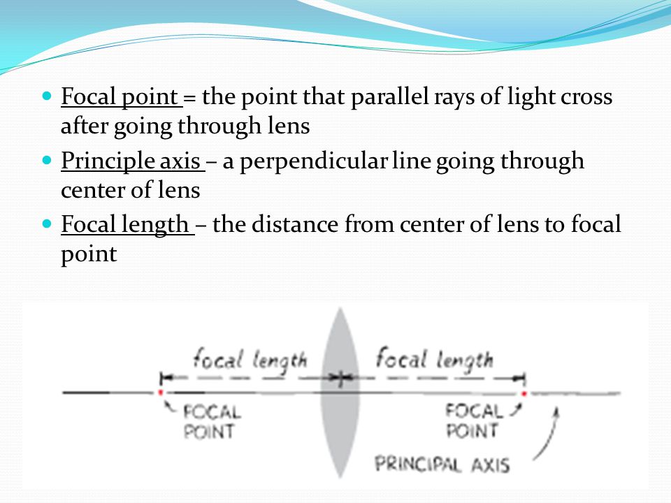 Focal point = the point that parallel rays of light cross after going through lens