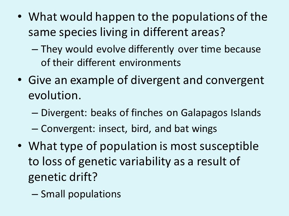 Give an example of divergent and convergent evolution.