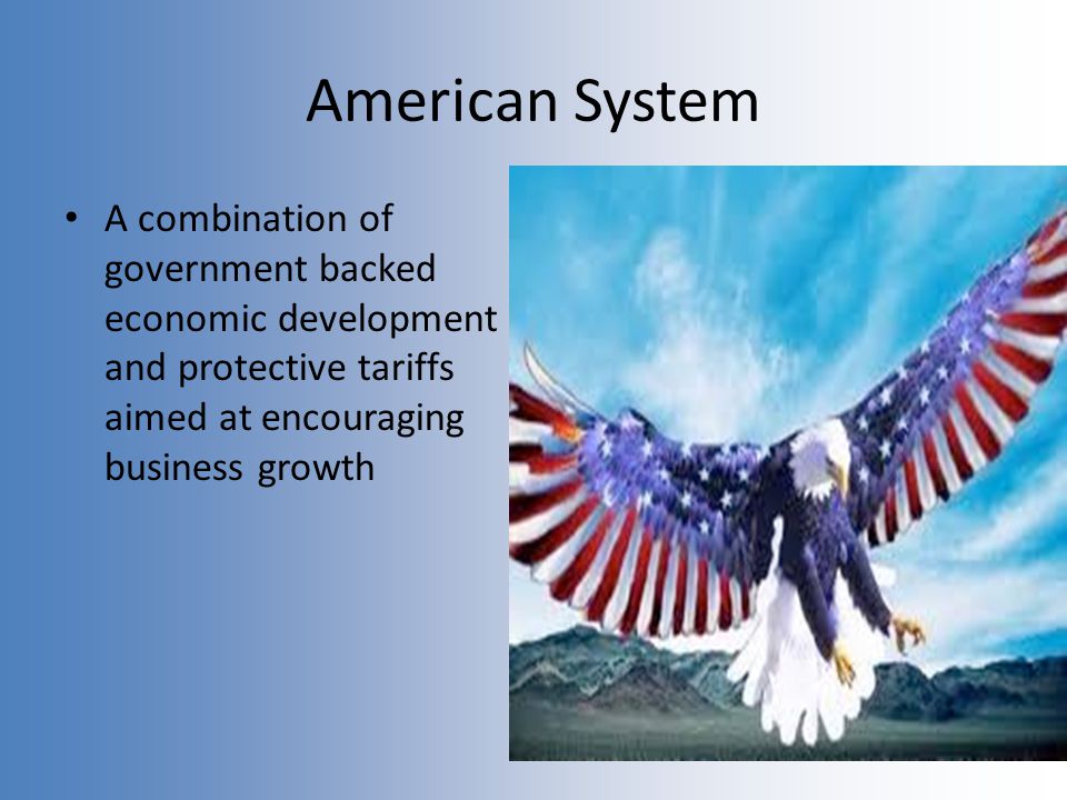 American System A combination of government backed economic development and protective tariffs aimed at encouraging business growth.