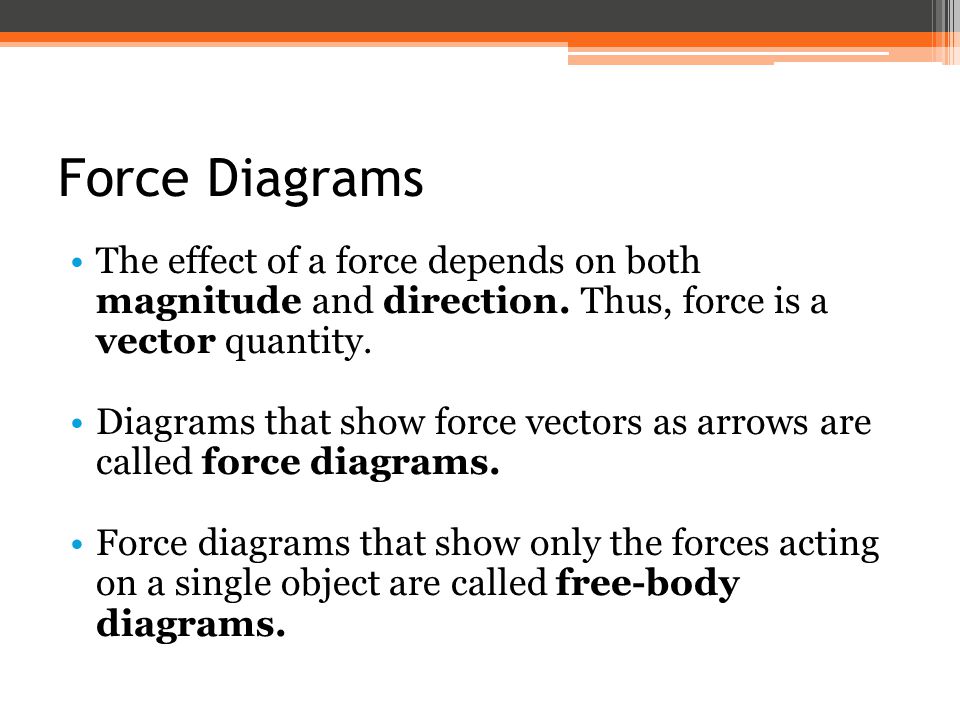 Force Diagrams The effect of a force depends on both magnitude and direction. Thus, force is a vector quantity.