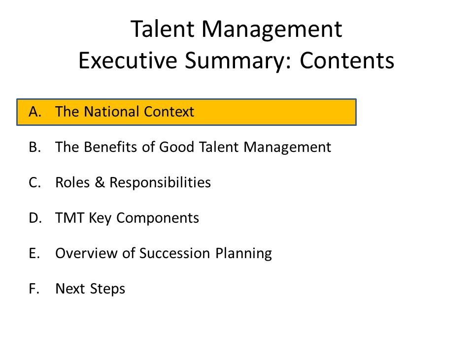 Talent Management Executive Summary: Contents