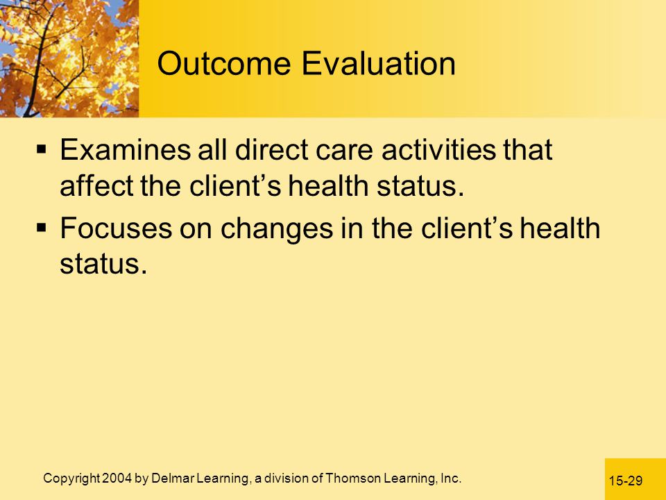 Outcome Evaluation Examines all direct care activities that affect the client’s health status. Focuses on changes in the client’s health status.