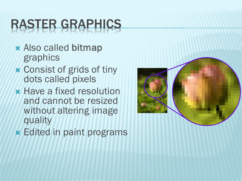 Raster Graphics Also called bitmap graphics