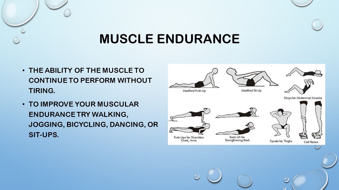 Muscle endurance The ability of the muscle to continue to perform without tiring.