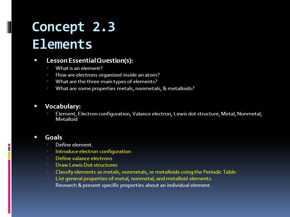 Concept 2.3 Elements Lesson Essential Question(s): Vocabulary: Goals