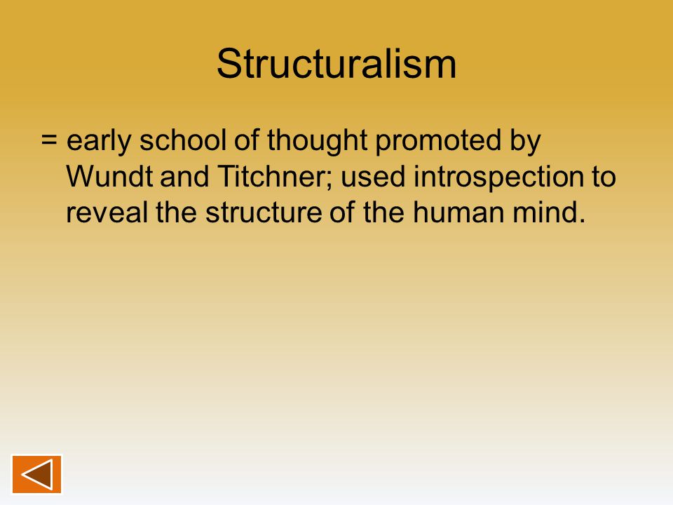 Structuralism = early school of thought promoted by Wundt and Titchner; used introspection to reveal the structure of the human mind.