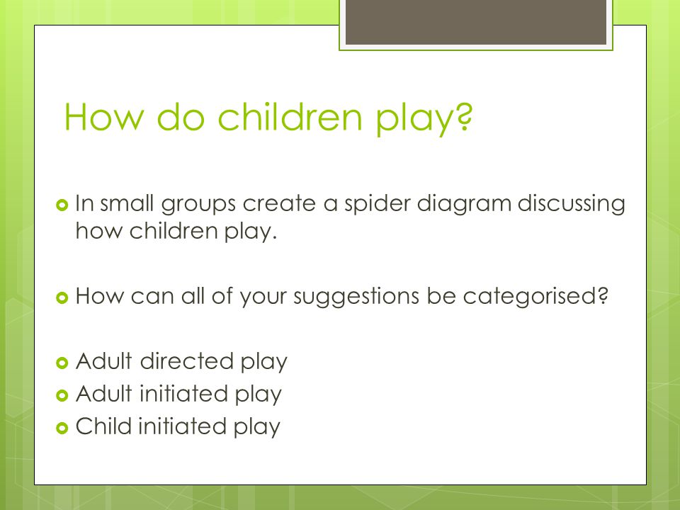 How do children play In small groups create a spider diagram discussing how children play. How can all of your suggestions be categorised