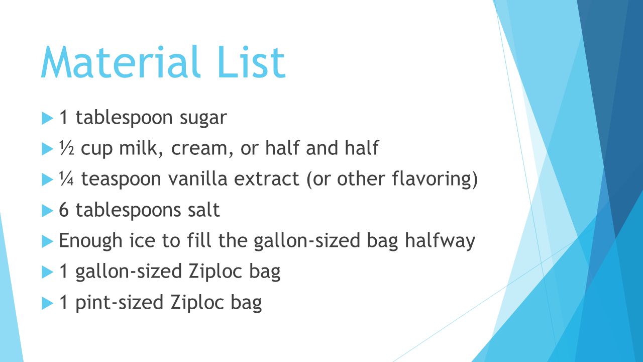 Material List 1 tablespoon sugar ½ cup milk, cream, or half and half