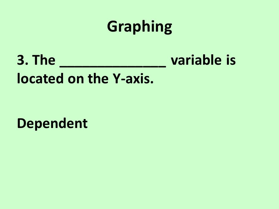 Graphing 3. The ______________ variable is located on the Y-axis. Dependent