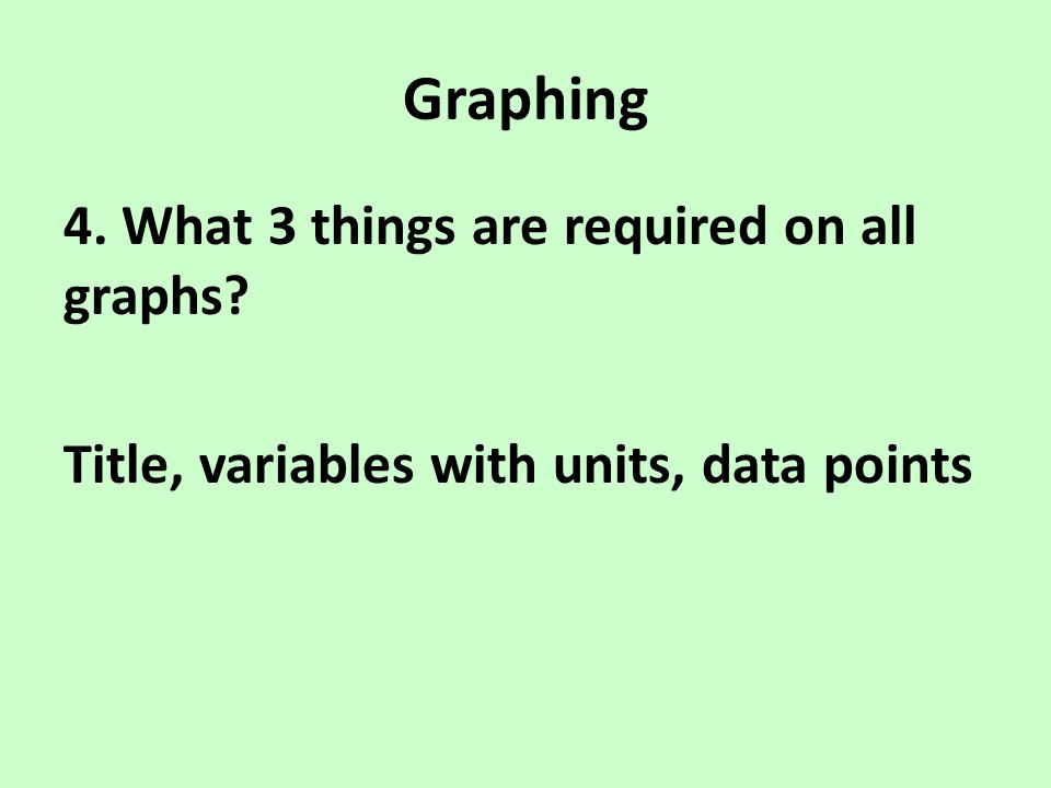 Graphing 4. What 3 things are required on all graphs Title, variables with units, data points