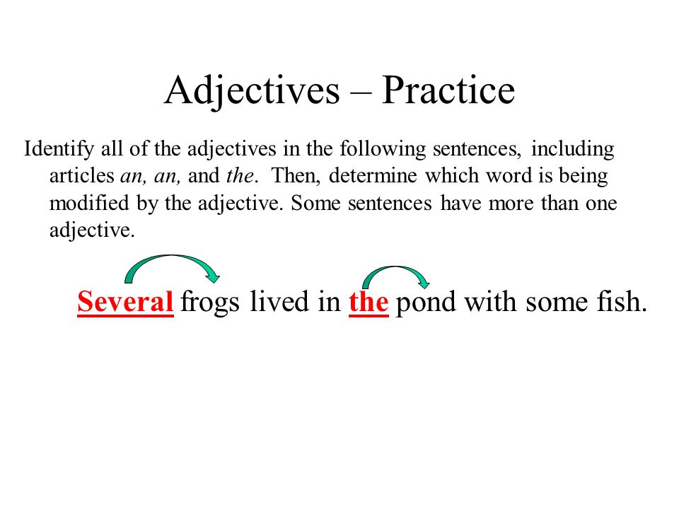 Adjectives – Practice Several frogs lived in the pond with some fish.