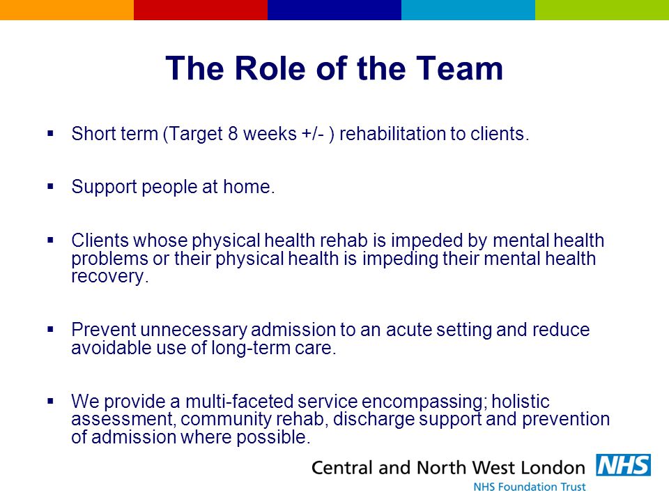 The Role of the Team Short term (Target 8 weeks +/- ) rehabilitation to clients. Support people at home.