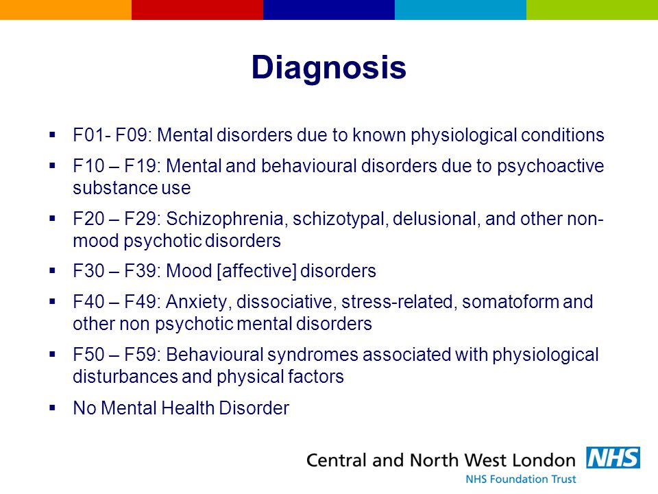 Diagnosis F01- F09: Mental disorders due to known physiological conditions.