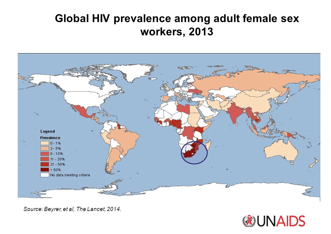 Global HIV prevalence among adult female sex workers, 2013