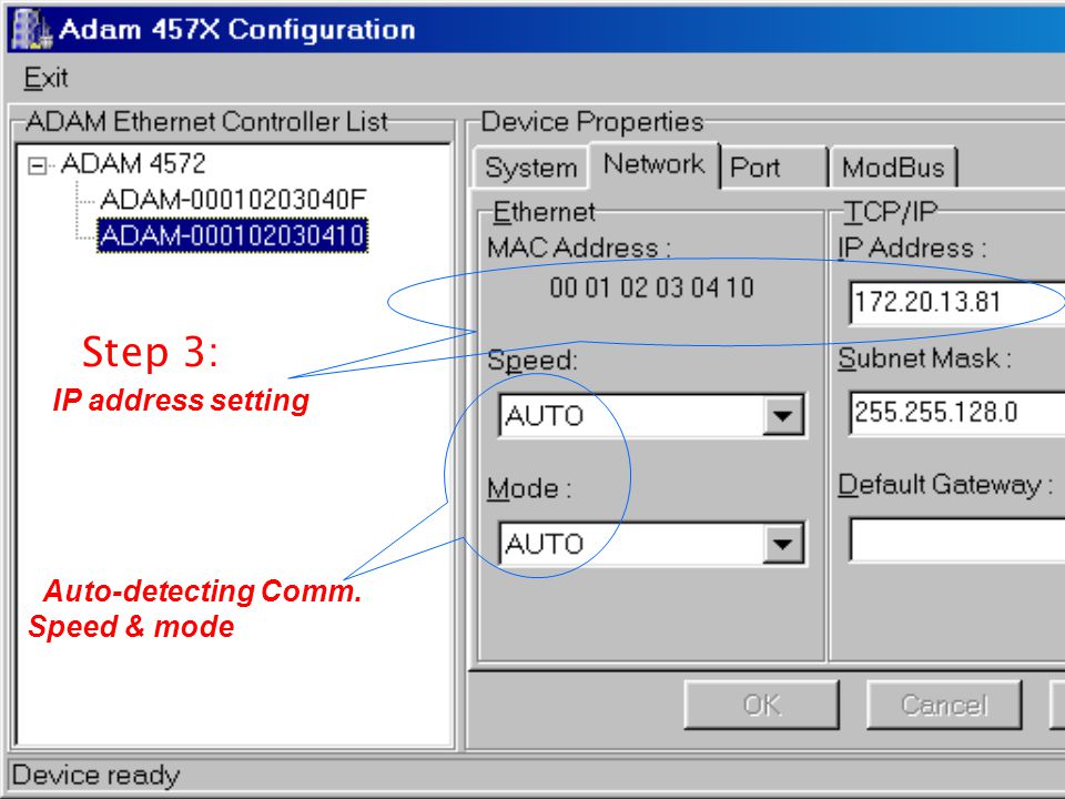 Step 3: IP address setting Auto-detecting Comm. Speed & mode