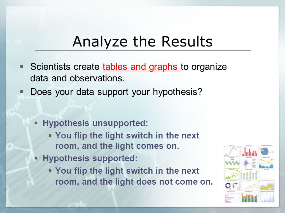 Analyze the Results Scientists create tables and graphs to organize data and observations. Does your data support your hypothesis