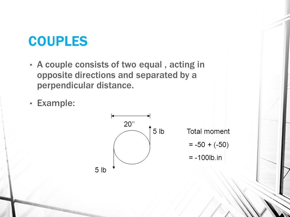 COUPLES A couple consists of two equal , acting in opposite directions and separated by a perpendicular distance.