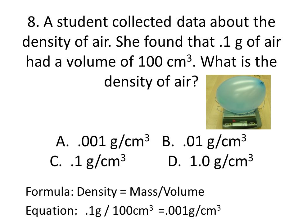 8. A student collected data about the density of air. She found that