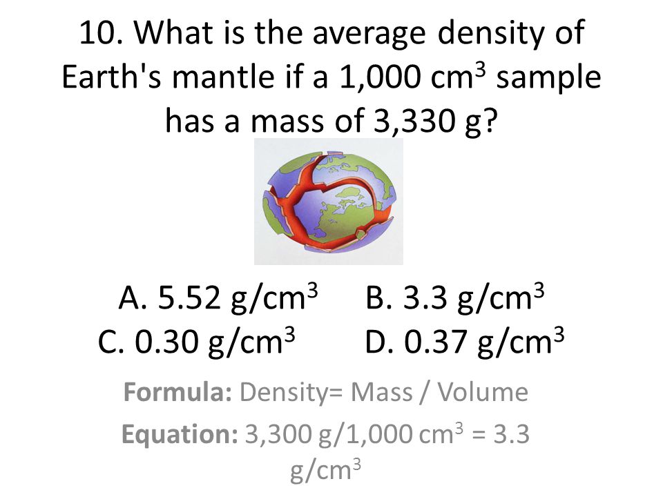 Formula: Density= Mass / Volume
