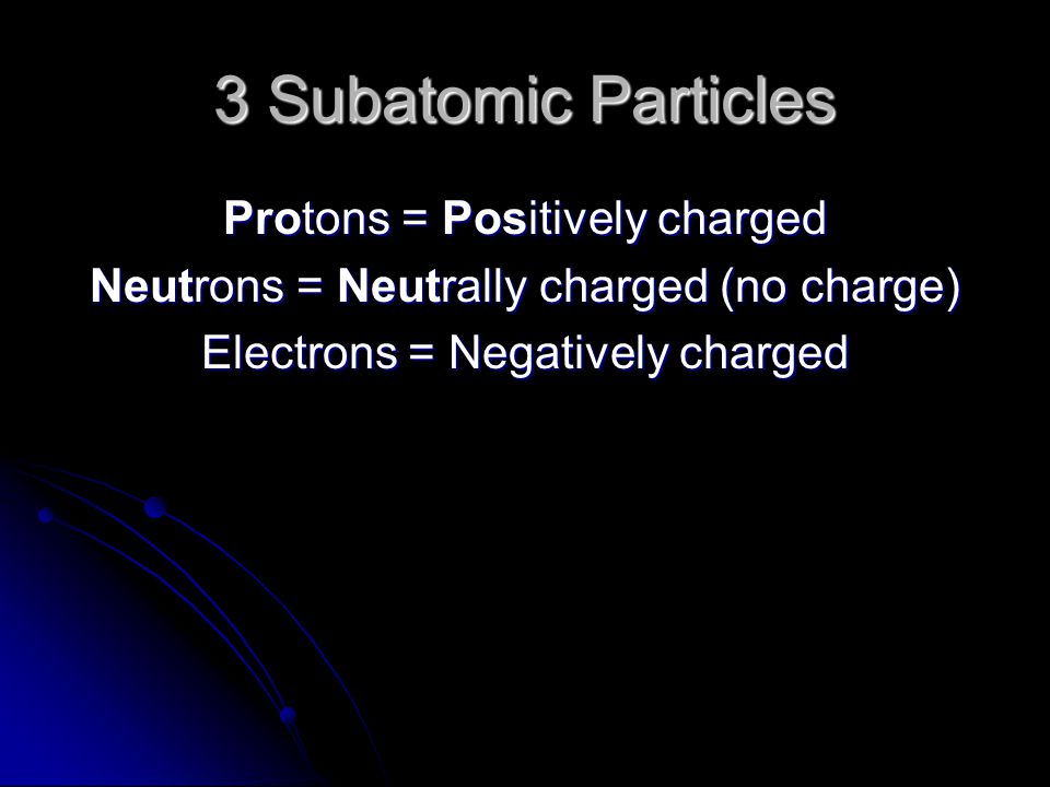 3 Subatomic Particles Protons = Positively charged Neutrons = Neutrally charged (no charge) Electrons = Negatively charged
