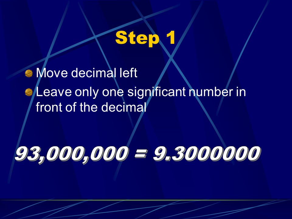 Step 1 93,000,000 = Move decimal left