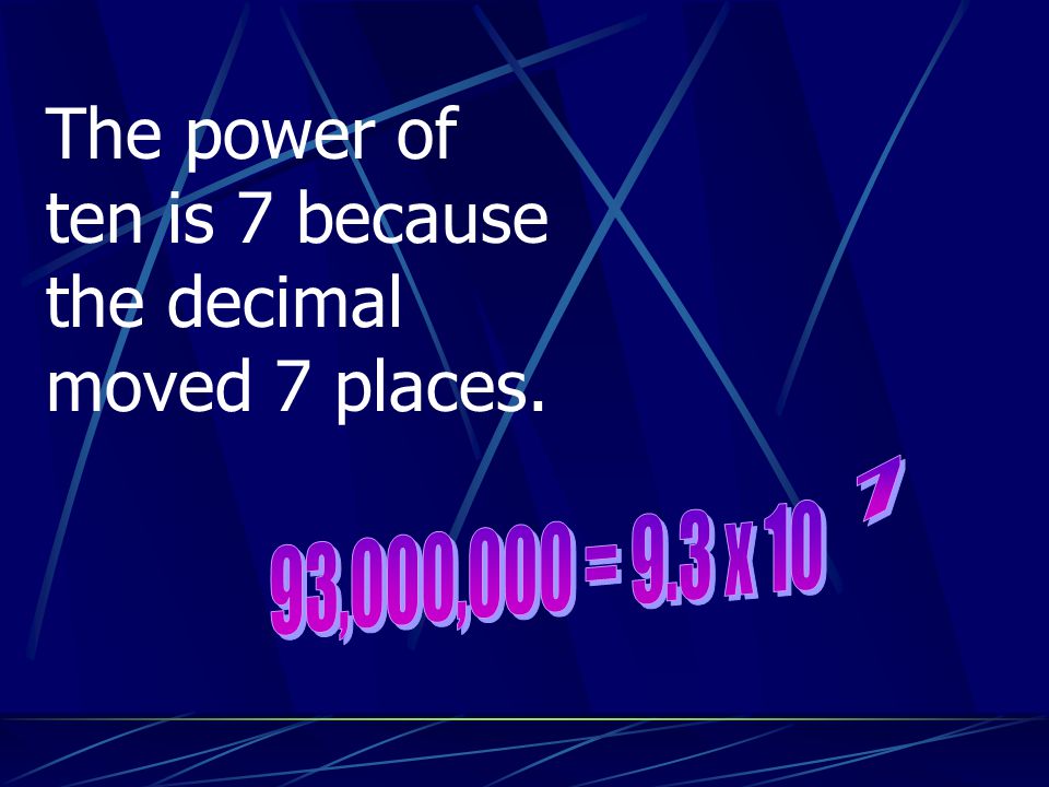 The power of ten is 7 because the decimal moved 7 places. 7