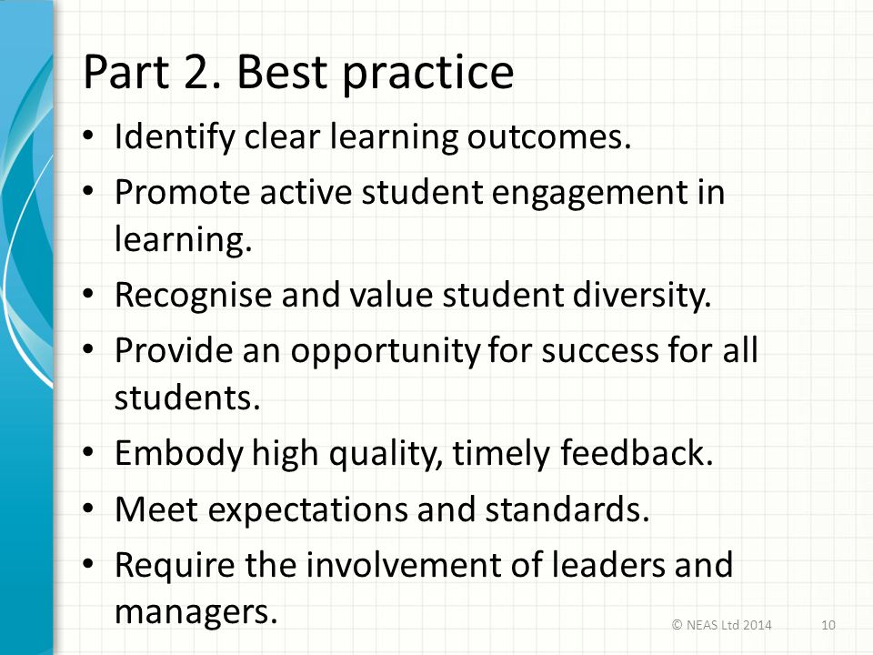 Part 2. Best practice Identify clear learning outcomes.