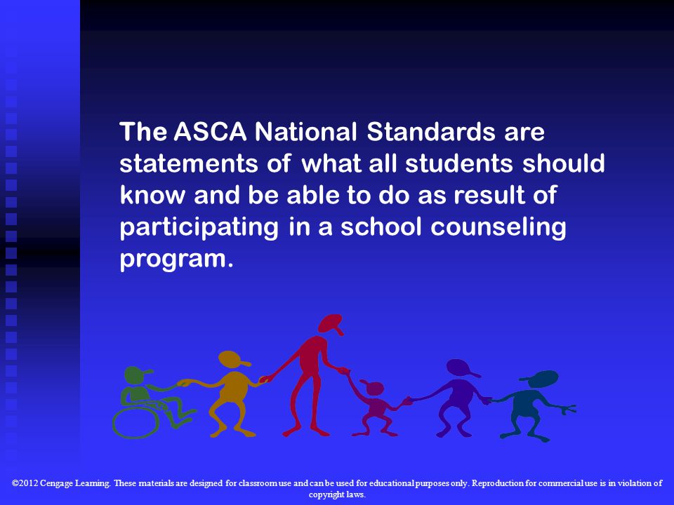 The ASCA National Standards are statements of what all students should know and be able to do as result of participating in a school counseling program.