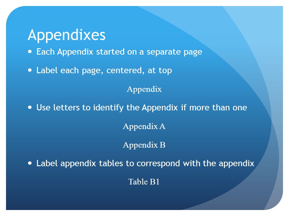Appendixes Each Appendix started on a separate page