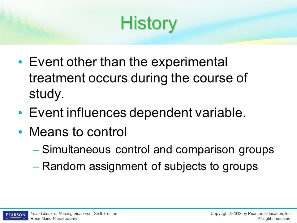 History Event other than the experimental treatment occurs during the course of study. Event influences dependent variable.