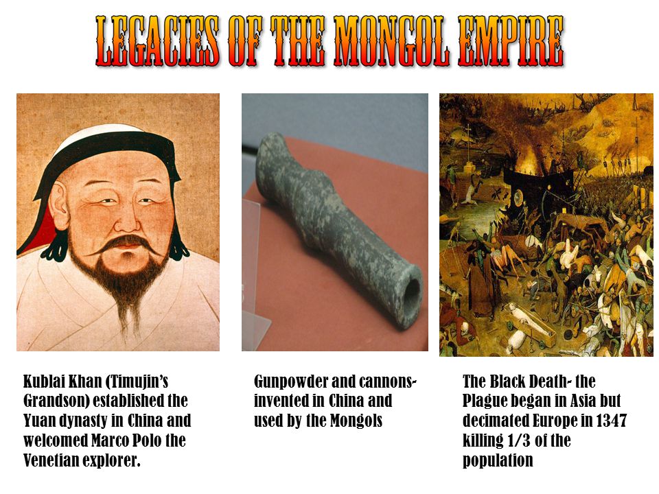 Kublai Khan (Timujin’s Grandson) established the Yuan dynasty in China and welcomed Marco Polo the Venetian explorer.