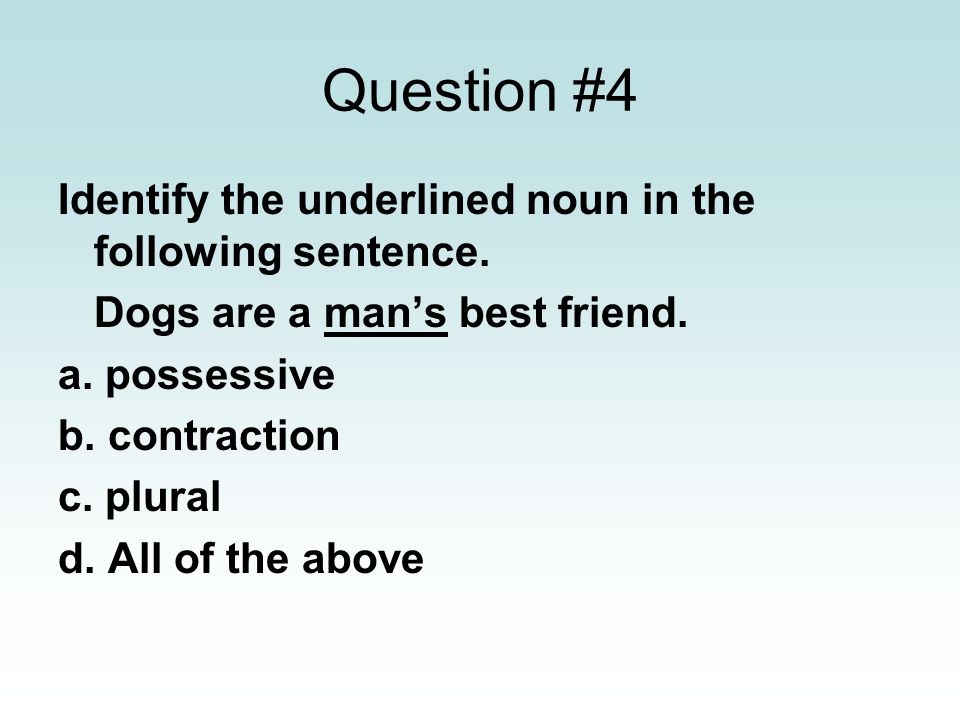 Question #4 Identify the underlined noun in the following sentence.