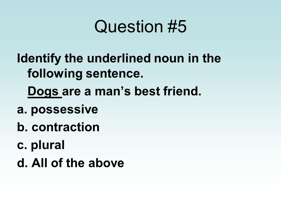 Question #5 Identify the underlined noun in the following sentence.